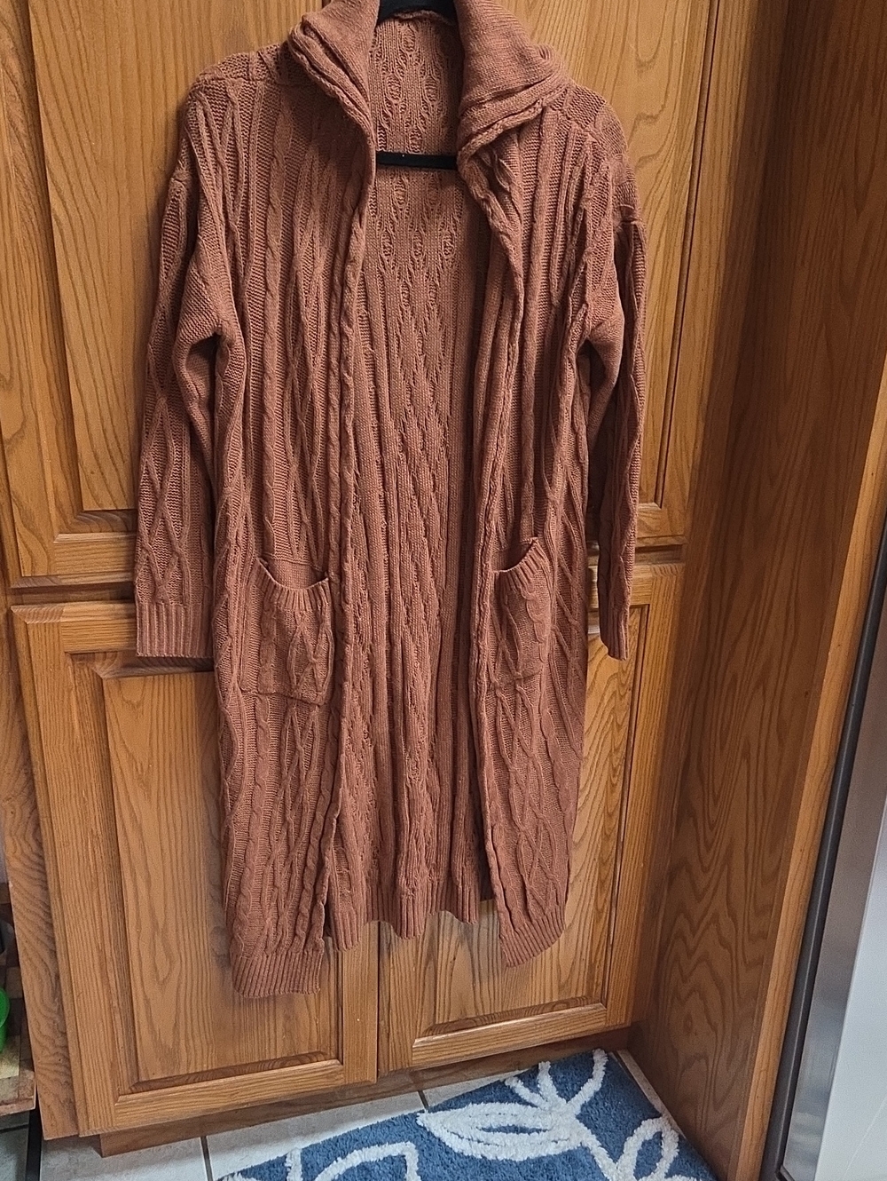 Open-Front Long Cable Knit Cardigan in Rusty Brown